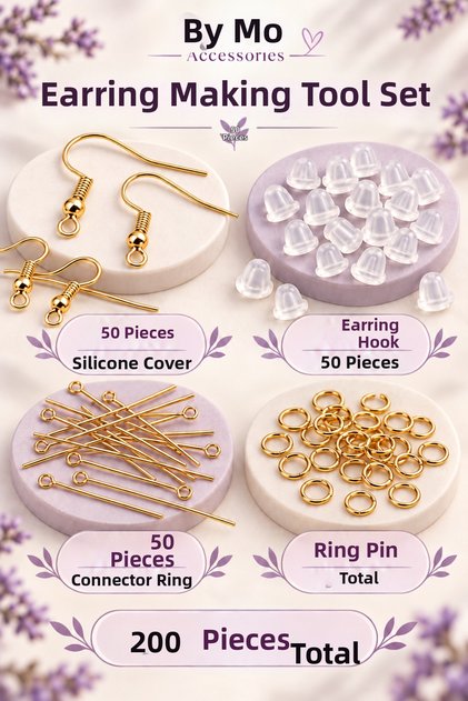 Gold Color 200-Piece Earring Making Kit – Earring Hooks, Silicone Backs, Loop Nails, and Connecting Rings