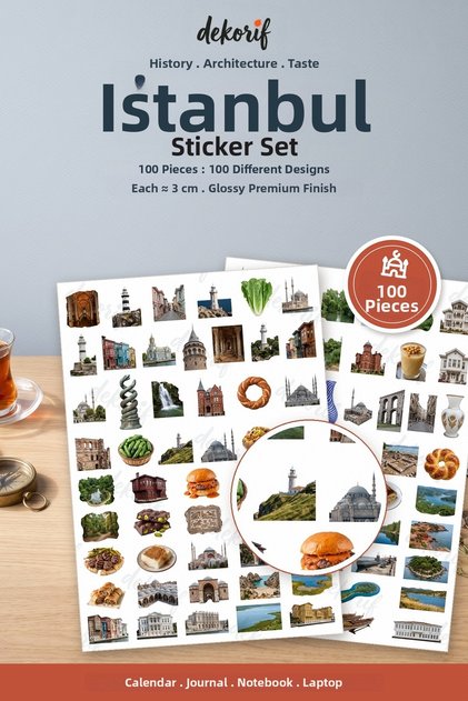 Istanbul Sticker Set 100 Pieces - Galata Tower Wet Burger Bagel Realistic Agenda Journal Sticker