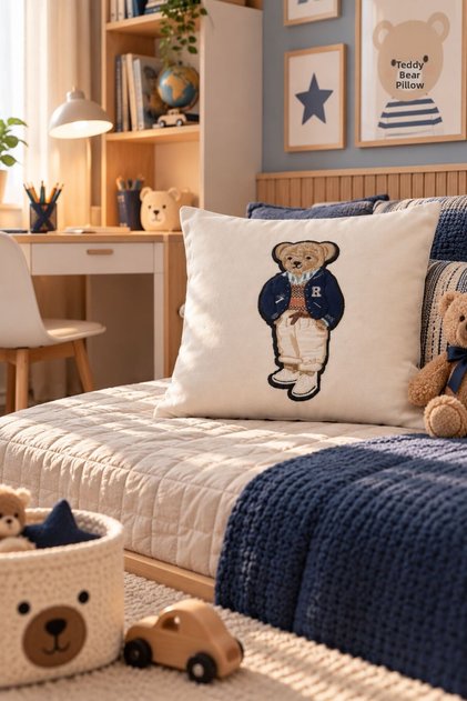 Premium Series 2-Piece Embroidered Decorative Pillow Cover with Bear Appliqué, 45X45 Cm, Duck Fabric, Ecru.