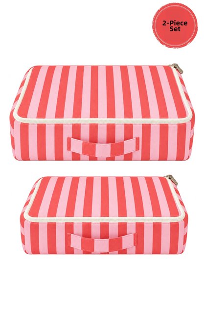2-Piece Suitcase Organizer Set for Hospital Discharge, with Red and Pink Stripes.