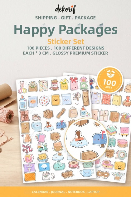 Cute Package Sticker Set, 100 Pieces - Gift Box, Shipping Message, Kawaii, Planner, Journal, Notebook Stickers.