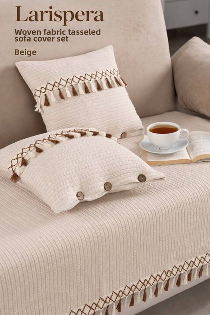 Knitted Fabric Tasseled Sofa Cover, 1 Piece, 90X200 cm Sofa Cover + 2 Pieces, 40X40 cm Tasseled Pillow Covers, 3-Piece Set, Beige, Bohemian, Decorative.