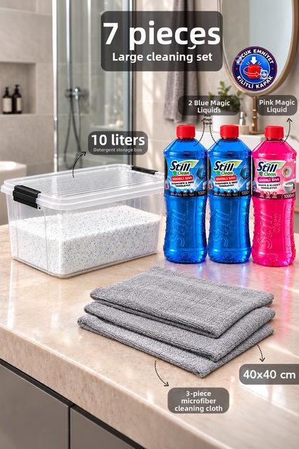 7-Piece Cleaning Set - 10L Transparent Box, Toilet Grout Cleaner, Magic Liquid, and 40X40 Checkered Cleaning Cloth.
