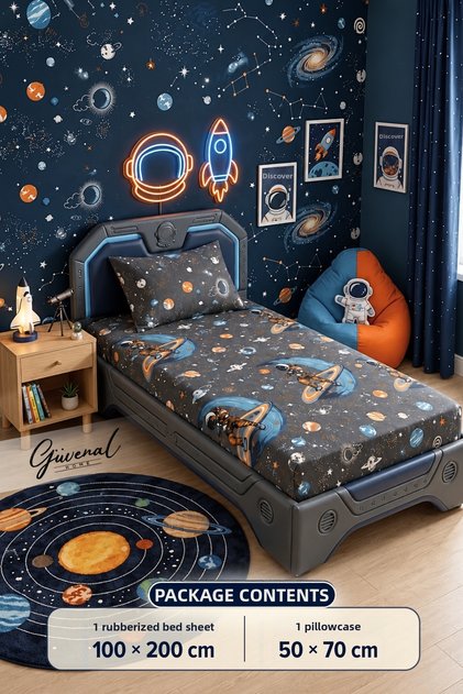 Orion | Astronaut Pattern 100% Cotton Single Bed Fitted Sheet Set (2 Pieces) | | Pillowcase | Fitted Sheet | Set. | Home Textiles - 100 X 200 cm