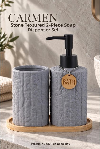 Carmen 350 ml Round Gray Liquid Soap Dispenser and Toothbrush Holder with a Porcelain Natural Stone-Look Finish and Bamboo Tray