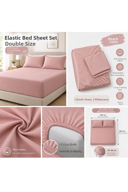 Double-Size Fitted Sheet Set, 160x200 cm – 100% Cotton, Includes 2 Pillowcases