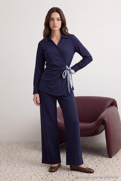 Dark Navy Blue Double Breasted Collared Pants Shirt Bottom - Top Set Tctaw27Us00040