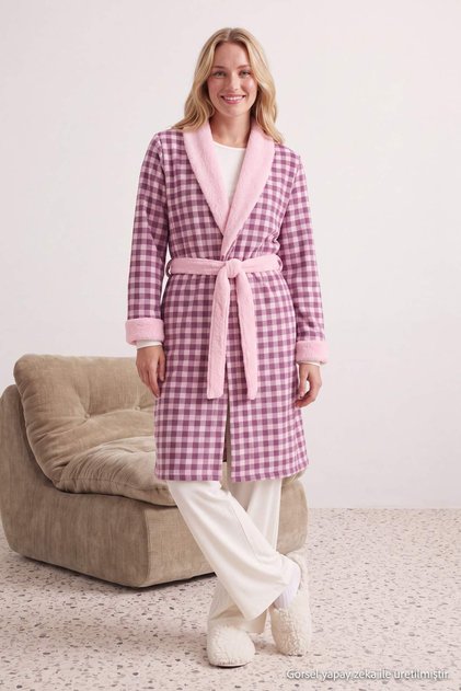 Pink Plaid Soft Tuşe Waffle Knitted Dressing Gown Thmaw26Sb00006