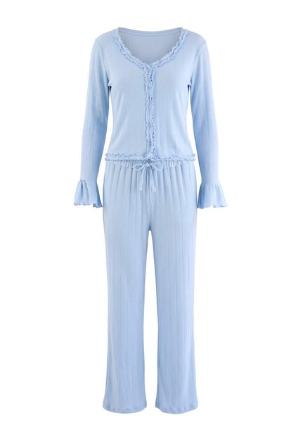 Blue 100% Cotton Frilly Ribbed/Pointel Knitted Pajama Set Thmaw27Pt00038