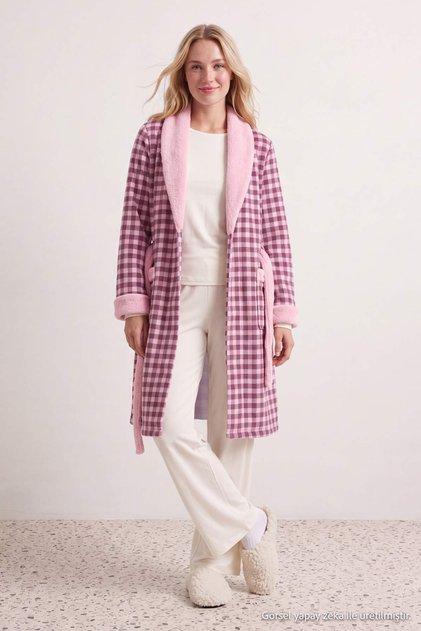 Pink Plaid Soft Tuşe Waffle Knitted Dressing Gown Thmaw26Sb00006