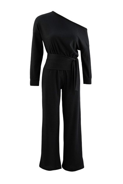 Siyah Asimetrik Yaka Oversize/Geniş Kalıp Örme Alt - Üst Takım TWOAW27AU00177