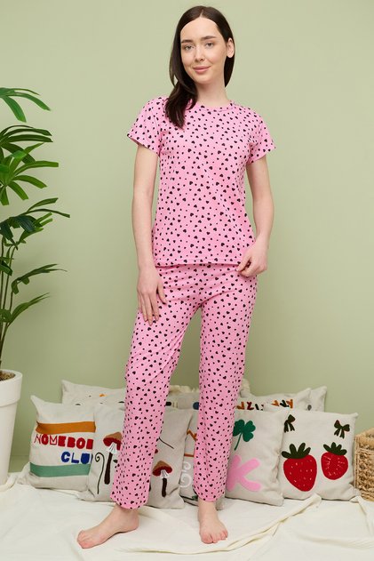 Heart Patterned Crew Neck Short Sleeve Pajama Set