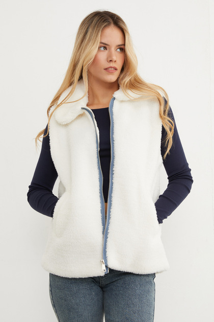 Polo Neck Zippered Plush Vest