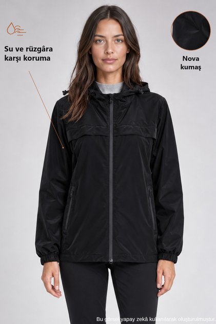 Women's Black Hooded Nova Fabric Lightweight and Durable Stylish Seasonal Water and Windproof Raincoat