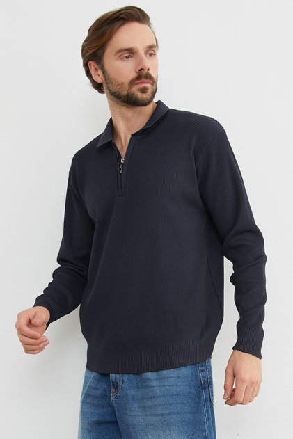 Ribbed Half-Zip Knit Sweater
