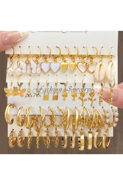 AYA5922801 24 Pcs European and American Boho Big Circle Hoop Earring Set for Women Gold Color Vintag