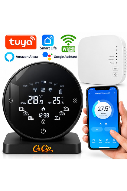 Termostat Wireless pentru Centrala, Wifi, Tuya APP, USB-C sau Baterii, Programabil, Touchscreen