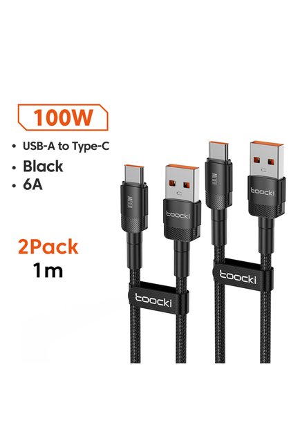 1m Black 2Pcs 6A USB To Type C Cable for Huawei Xiaomi PD 100W Fast Charging Charger U