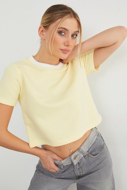 basic Tricou Crop cu guler cu nervuri de tranziție