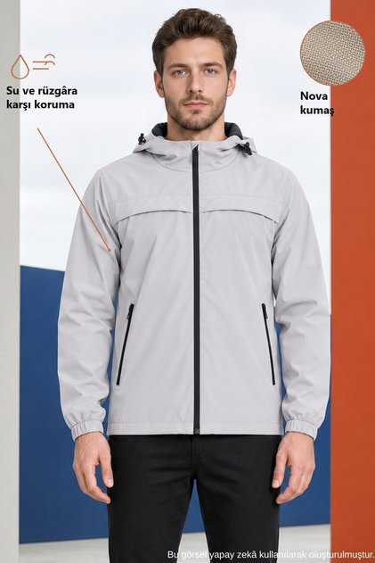 Men's Stone Hooded Nova Fabric Lightweight and Durable Stylish Seasonal Water and Windproof Raincoat