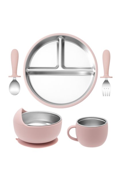 11-dasty lilac 5PCS Stainless Steel Dishes Plate Baby Feeding Set With Detachable Silicone Sucker Bo