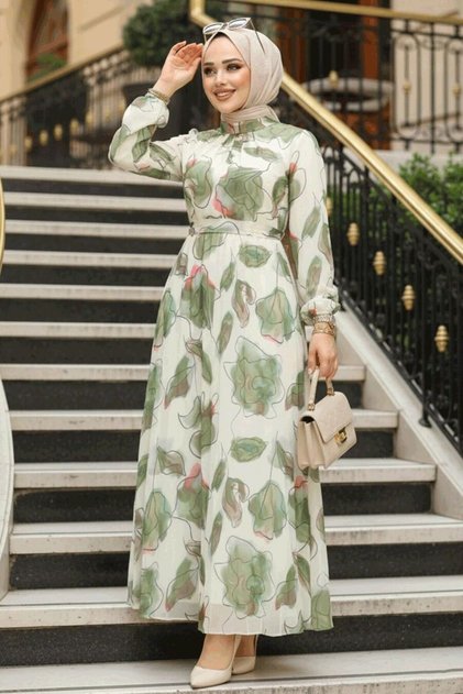 Patterned Khaki Hijab Dress 344601Hk