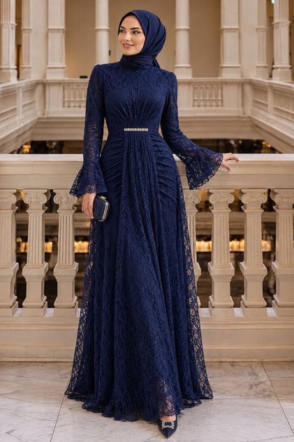 Lace Navy Blue Hijab Evening Dress 56621L
