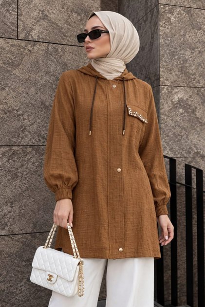 Hooded Lace Detailed Strawberry Fabric Tan Hijab Cap 15241Tb