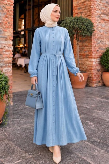 Blue Hijab Dress with Pile Detail 10320m