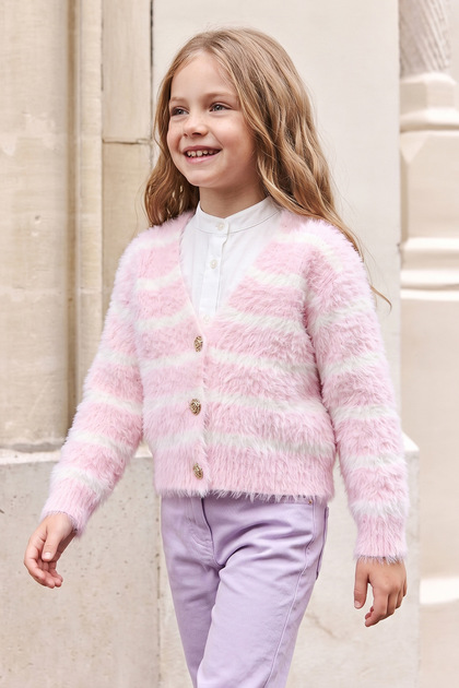 Striped Buttoned Girls' Plush Cardigan