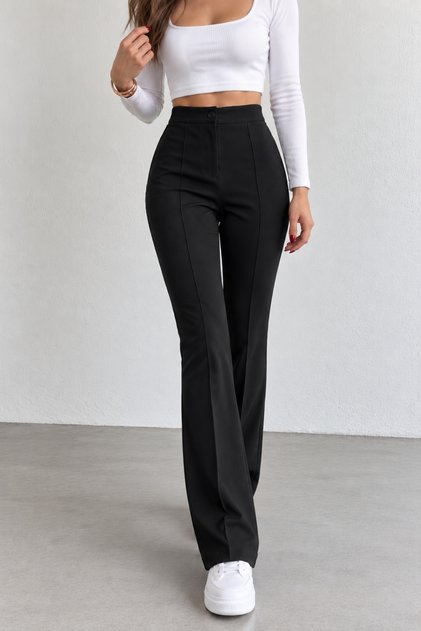 Women's Black High-Waisted Shaping Flared Palazzo Pants with Seam Detail