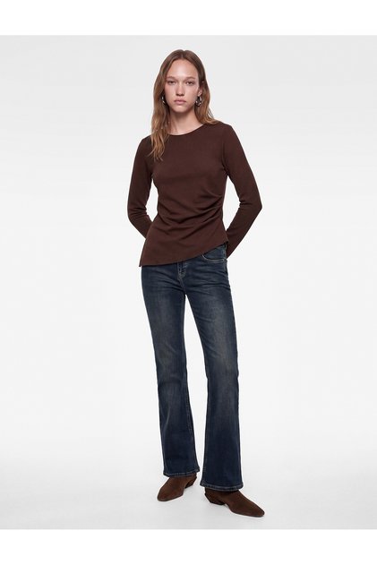 Drawstring Slim Fit Crew Neck Asymmetrical Long Sleeve Blouse