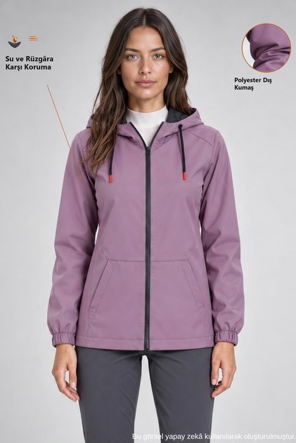 Women's Plum Waterproof and Windproof Lined Raincoat with Hood and Pockets - Windbreaker