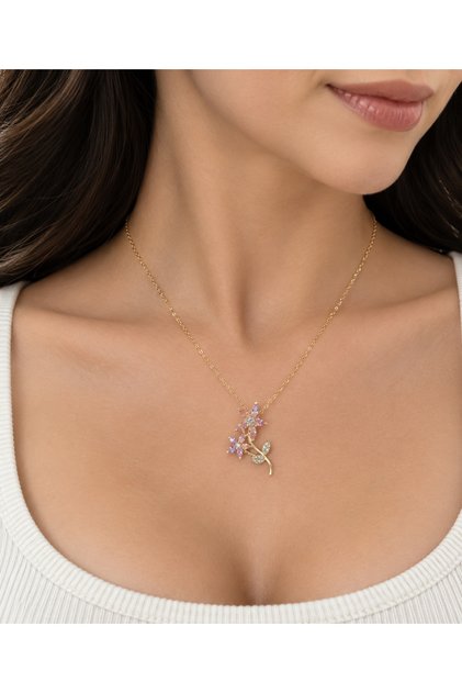 316L Steel Women's Flower Figured Stone Necklace Elegant Flower Design Gold Color Stylish Daily and Special Occasion Jewelry