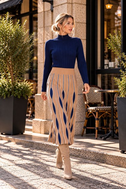 Women's Biscuit High Neck Skirt-Looking One-Piece Patterned Knitwear Dress
