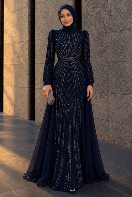 Satin Navy Blue Stone Embroidered Hijab Evening Dress 56061L