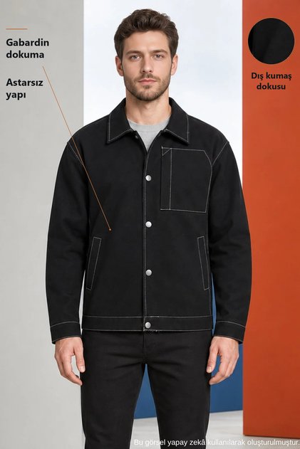 Men's Black Seam Detail Oversized Gabardine Transitional Jackets & Coats