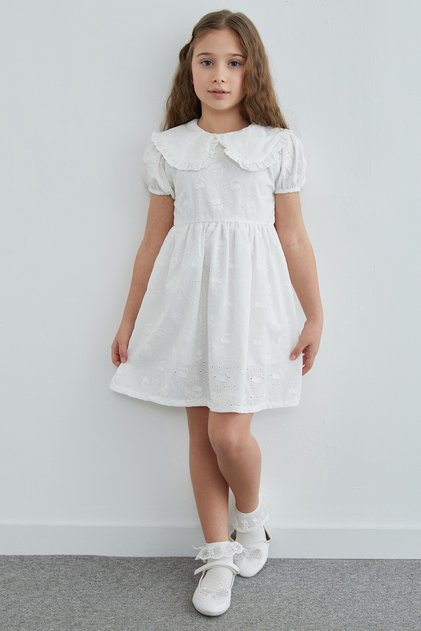 Cherry Embroidered Brode Detailed Baby Collar Girl's Dress
