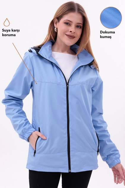 Women's Blue Removable Hooded Raincoat