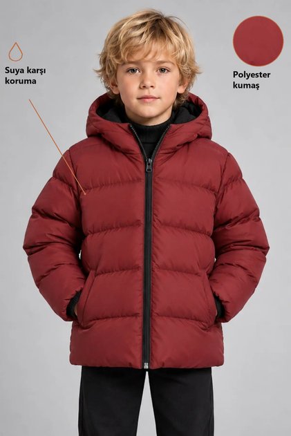 Boy's Burgundy Fleece Lined Fur Hooded Waterproof Wind Resistant Inflatable Winter Coat