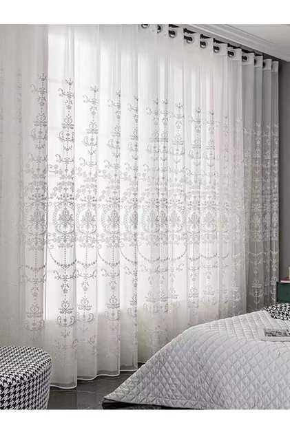 Grommet Top 200x100cm white Sheer Curtains White Embroidered Floral Voile Drapes for Living Room, Be