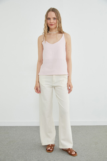 Elastic Waist Linen Look Palazzo Trousers