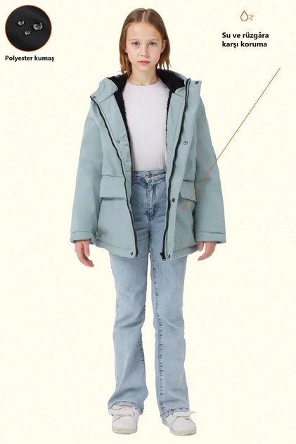 Girl's Mint Green Fur Water and Windproof Hooded 3 Winter Coats & Parkas