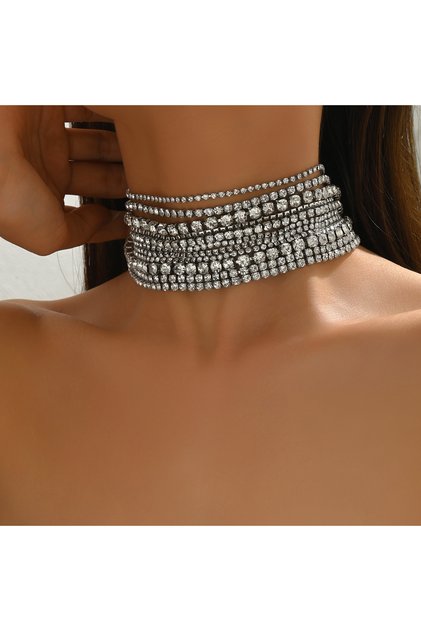 slivery Punk Luxury Multilayers Crystal Chokers Necklaces for Women Rhinestone Chains Necklaces Stat