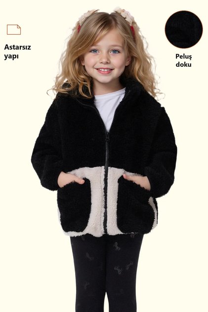 Girl's Plush Black Ecru Zippered Welsoft Winter Coat
