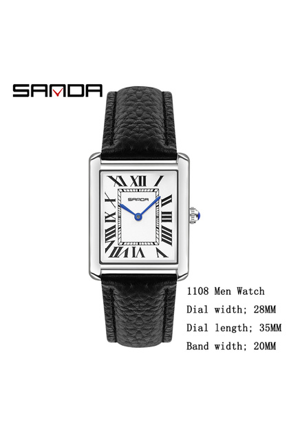 Men Black SANDA Quartz Watch Roman Numeral Stainless Steel Leather Watch Band Brief Lovers Waterproo