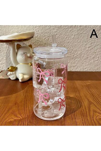 A 500ml Pink Bow Plastic Cups With Lids And Straws Reusable Bow Aesthetic Cup For Drinking Coffee T.