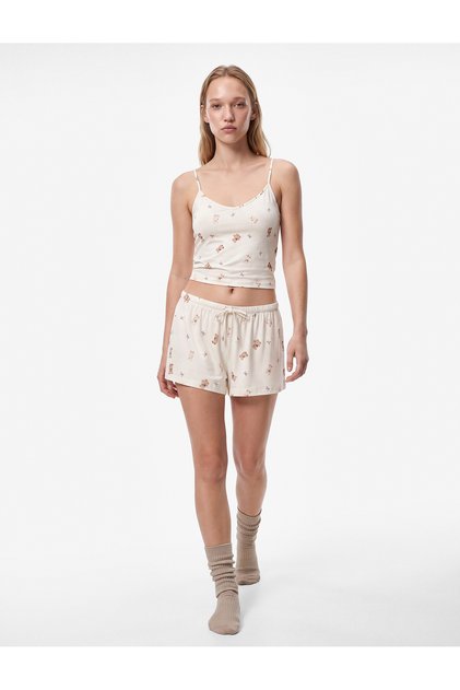 Teddy Bear Printed Lace Detailed V-Neck Strappy Pajama Top