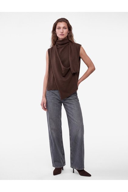 Sleeveless High-Neck Shawl Detailed Draped Asymmetrical Knitwear Vest