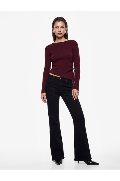 Long Sleeve Round Neck Side Gathered Tie-Up Asymmetrical Knit Sweater